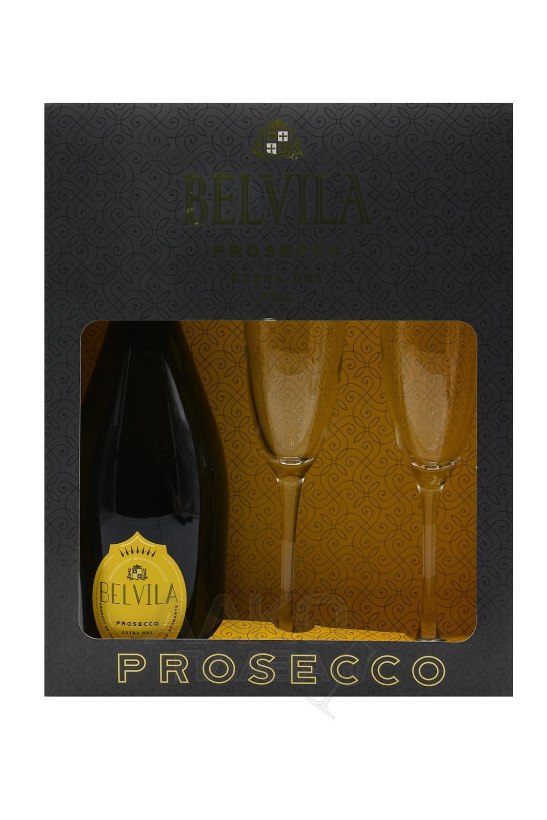 Villa degli Olmi Belvila Spumante Extra Dry Prosecco DOC Gift Box with 2 glasses - вино игристое Белвила Просекко Спуманте Экстра Драй 0.75 л в п/у с 2 бокалами