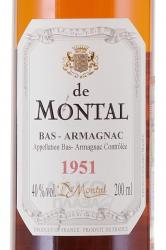 Montal 1951 - арманьяк Баз-Арманьяк де Монталь 1951 года 0.2 л в п/у этикетка