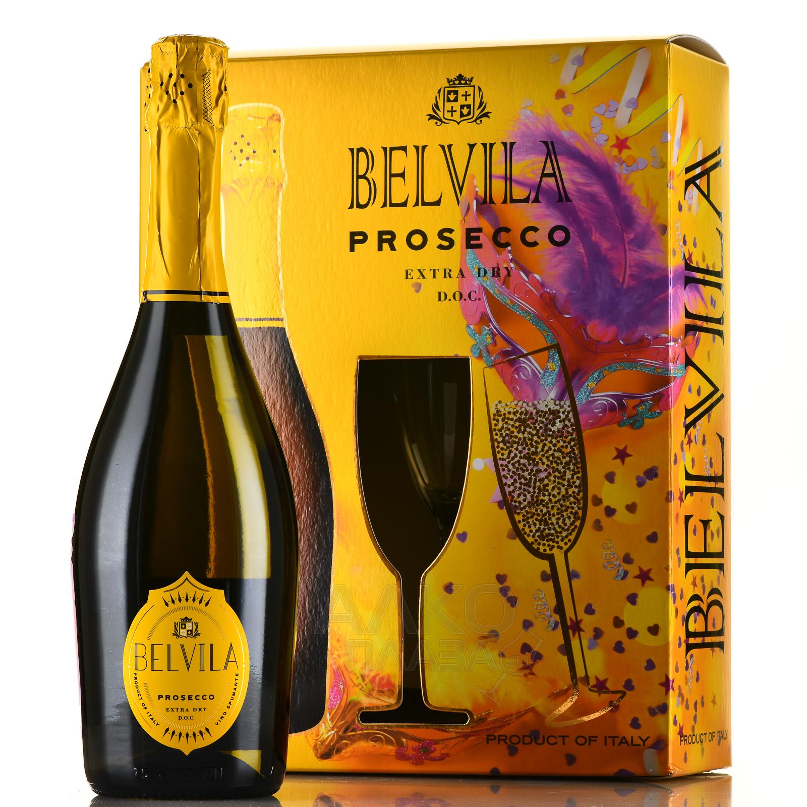 Belvila Prosecco DOC Spumante Extra Dry Villa Degli Olmi - вино игристое Белвила Просекко Спуманте Экстра Драй 0.75 л белое сухое в п/у с 2-мя бокалами