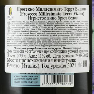 Terra Vizina Prosecco Millesimato - вино игристое Терра Вицина Просекко Миллезимато 2021 год 0.75 л белое брют в п/у