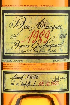 Baron G. Legrand 1989 - арманьяк Барон Легран 1989 года 0.7 л