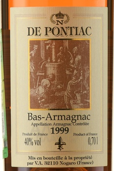 Bas-Armagnac De Pontiac - арманьяк Баз-Арманьяк де Понтьяк 1999 год 0.7 л в д/у