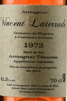 Vincent Laterrade AOC Armagnac Tenareze brut de fut - арманьяк Винсент Латеррад АОС Арманьяк Тенарез брют де фют 1972 год 0.7 л 