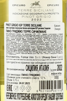 Epicuro Pinot Grigio Terre Siciliane - вино Эпикуро Пино Гриджио Терре Сичилиане 2021 год 0.75 л белое полусухое