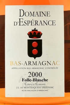 Domaine d’Esperance Blanche 2000 - арманьяк Фолль-Бланш Домен д’Эсперанс 2000 года 0.7 л