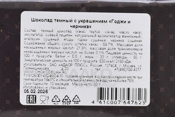 Шоколад Чокоделика тёмный с украшением Годжи и Черника 50 г