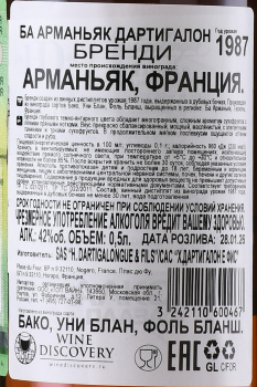 Vintage Bas Armagnac Dartigalongue 1987 - арманьяк Винтаж Ба Арманьяк Дартигалон 1987 года 0.5 л