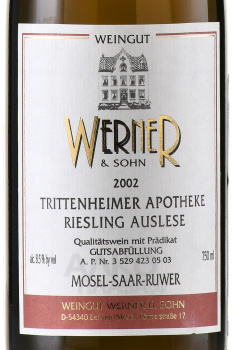 Weingut Werner & Sohn Trittenheimer Apotheke Riesling Auslese - вино Вайнгут Вернер у Зон Триттенхаймер Апотеке Рислинг Ауслезе 0.75 л белое сладкое