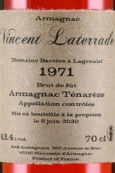 Vincent Laterrade AOC Armagnac Tenareze brut de fut 1971 - арманьяк Винсент Латеррад АОС Арманьяк Тенарез брют де фют 1971 0.7 л