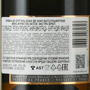 Louis Bouillot Cremant de Bourgogne Blanc de Noirs Sans Sulfites - вино игристое Креман де Бургонь Блан де Нуар бессульфитное 0.75 л белое экстра брют
