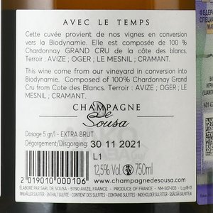 Champagne De Sousa Grand Cru Blanc de Blancs Avec le Temps - шампанское Шампань де Суза Гран Крю Блан де Блан Авэк ле Там 0.75 л белое экстра брют