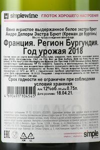 Andre Delorme Extra Brut Cremant de Bourgogne - вино игристое Андре Делорм Экстра Брют Креман де Бургонь 0.75 л белое экстра брют