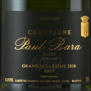 Paul Bara Grand Millesime Brut Bouzy Grand Cru - шампанское Поль Бара Гран Миллезим Брют Бузи Гран Крю 0.75 л белое брют в п/у