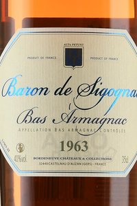 Baron de Sigognac 1963 - арманьяк Барон де Сигоньяк 1963 год 0.35 л в д/у